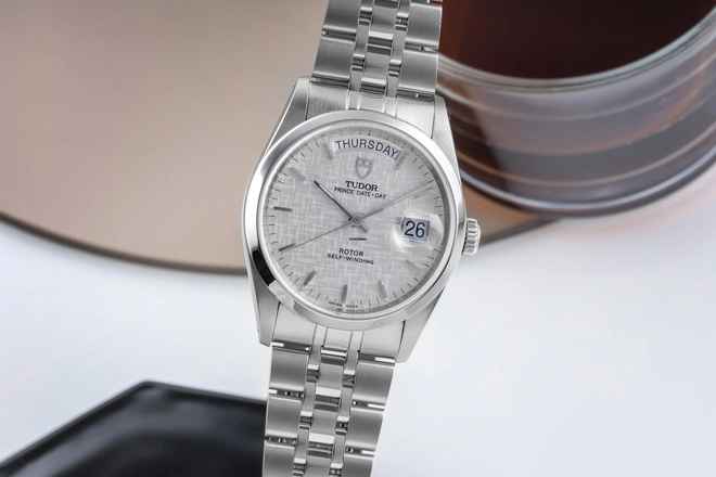  Tudor Prince Date Day Linen Dial Edelstahl Automatik Herren Ref. 76200 Papiere 