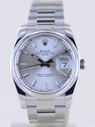  Rolex Oyster Perpetual Date 34mm silver Stick Dial Oysterband Steel 115200 Automatic Top 