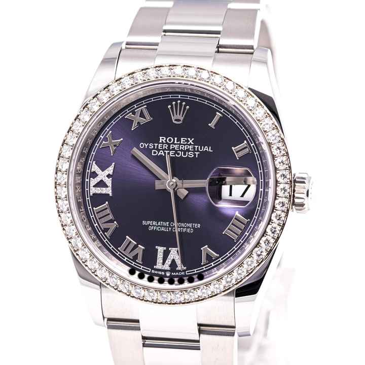  Rolex Datejust 36 Lila Factory Diamond – 126284RBR – like NEW – 03/2023 Full Set Lc100 
