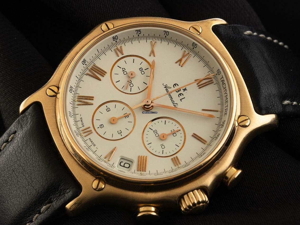 Thumbnail von Ebel 1911 Chronograph El Primero Ref.5134901 1995 Full Set sehr gut Vintage 1911 Chronograph El Primero 18kt Gelbgold Krokoleder Faltschließe