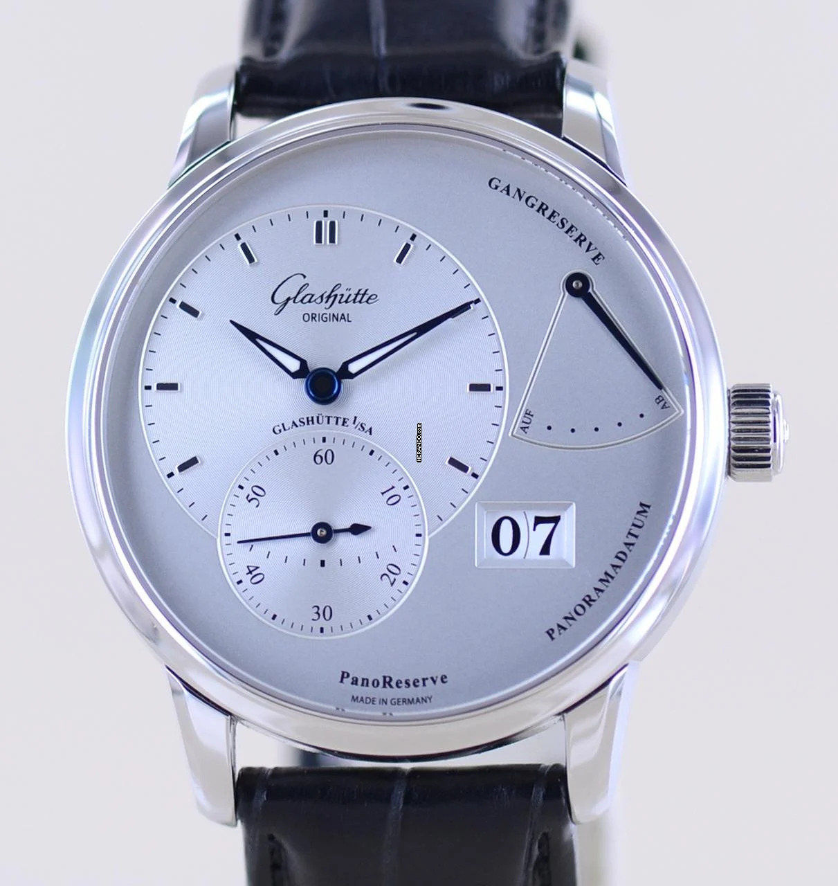  Glashütte Original PanoReserve 40mm Gangreserve Datum Cal 65 silver Dial B+P 