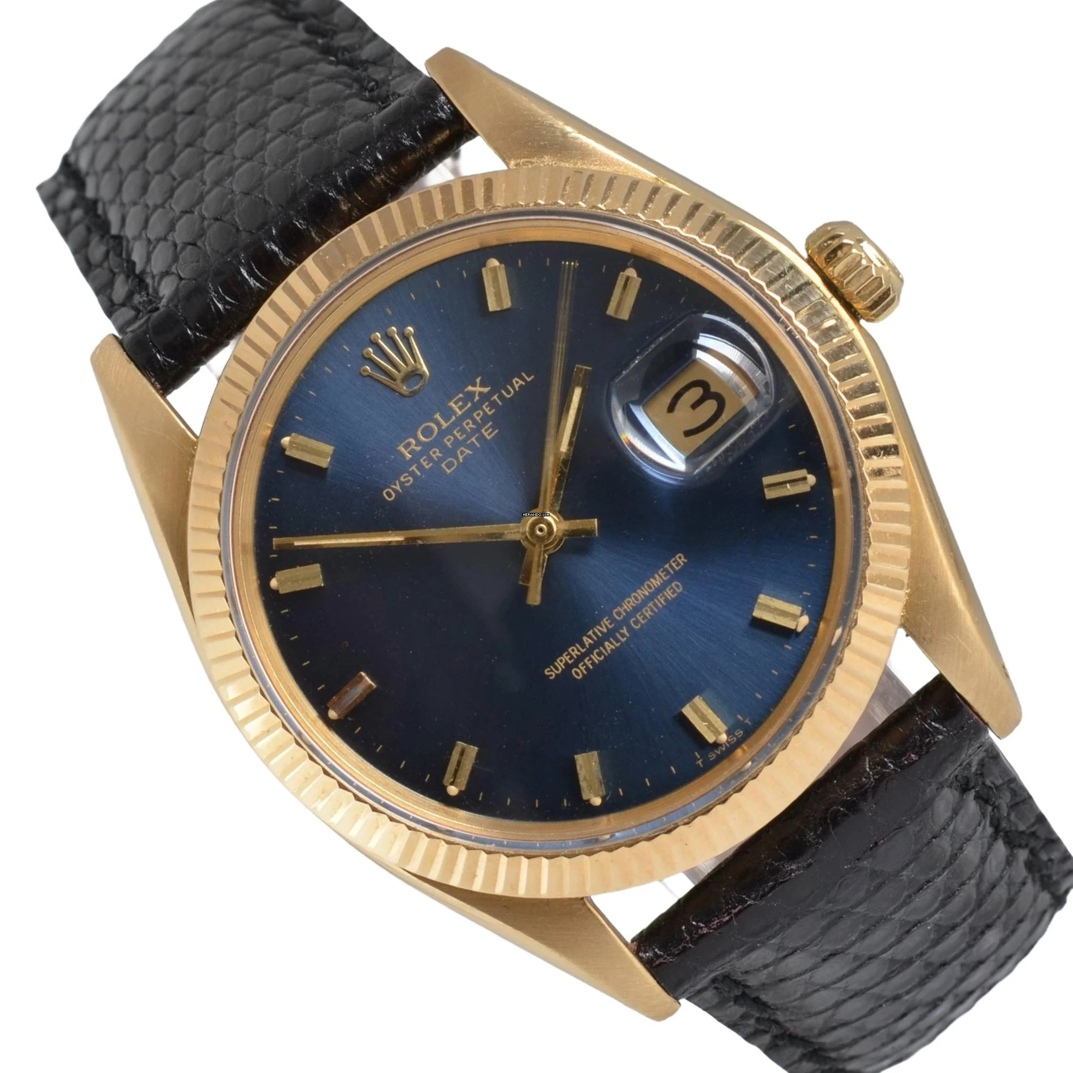  Rolex Oyster Perpetual Date 1503 blue dial yellow gold 18KT 1969's 