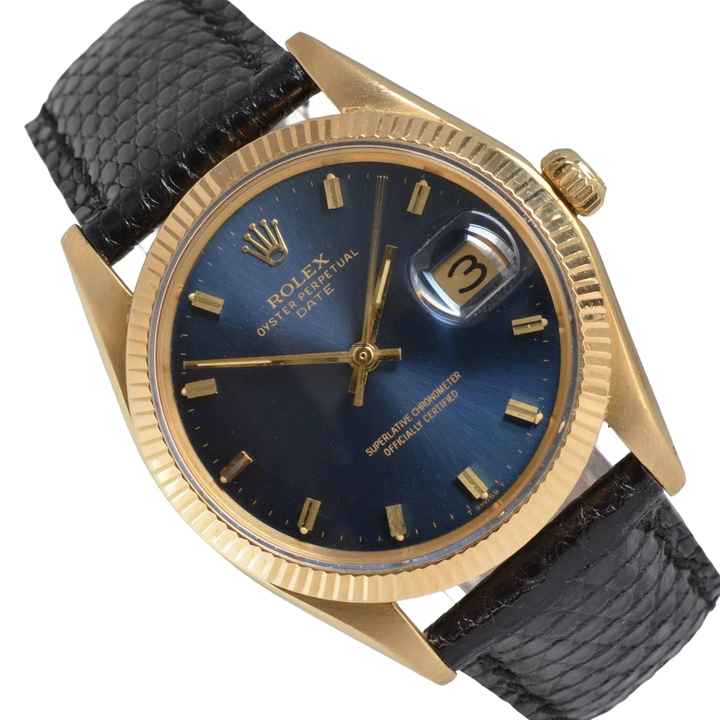  Rolex Oyster Perpetual Date 1503 blue dial yellow gold 18KT 1969's 