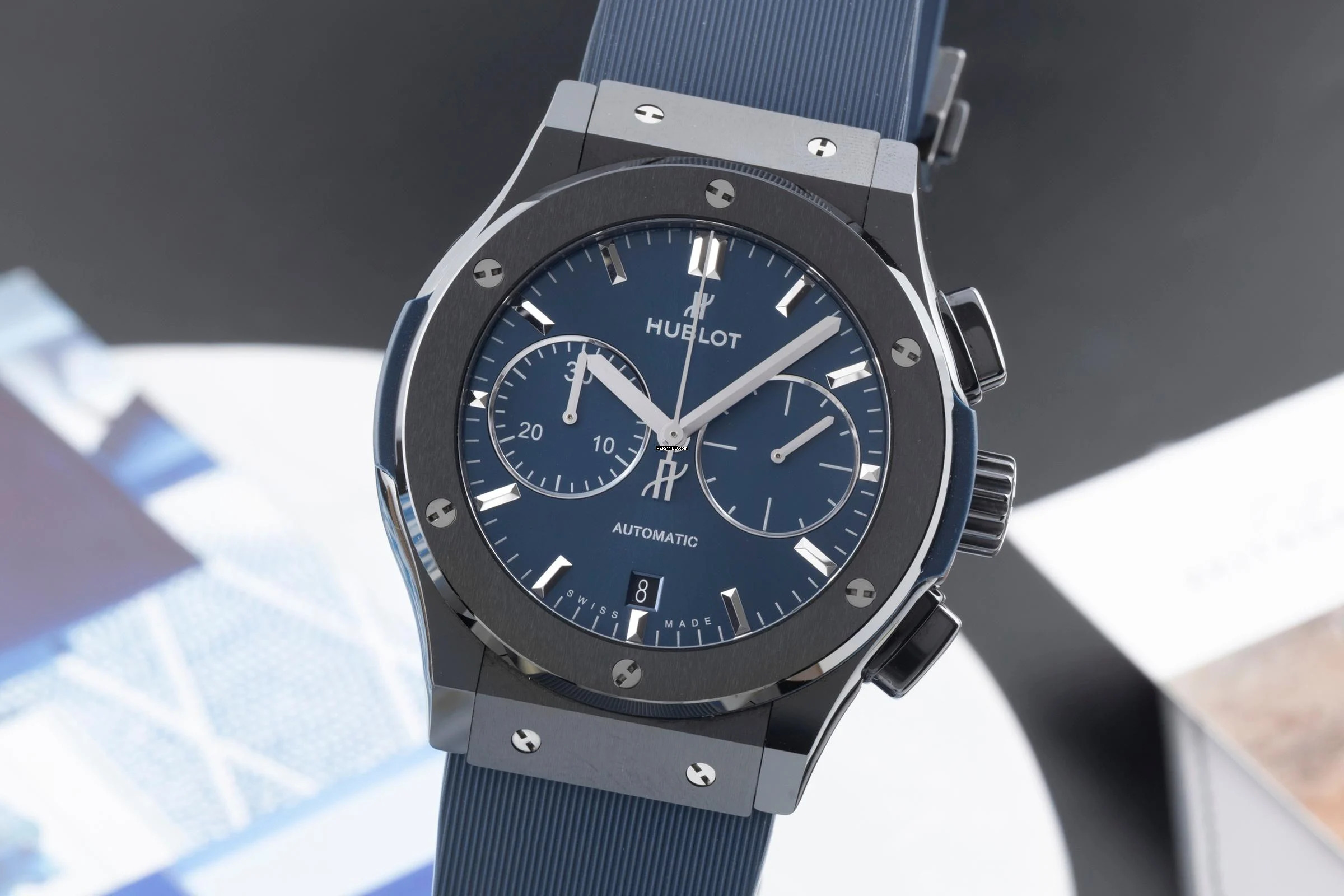  Hublot Classic Fusion Ceramic Blue Chronograph Automatik Ref 521.CM.7170.RX Box 