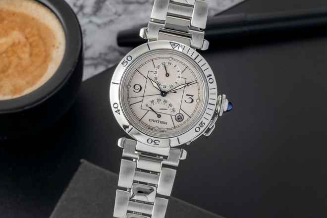  Cartier Pasha GMT Power Reserve Automatik Stahl Herrenuhr Ref. W31037H3 