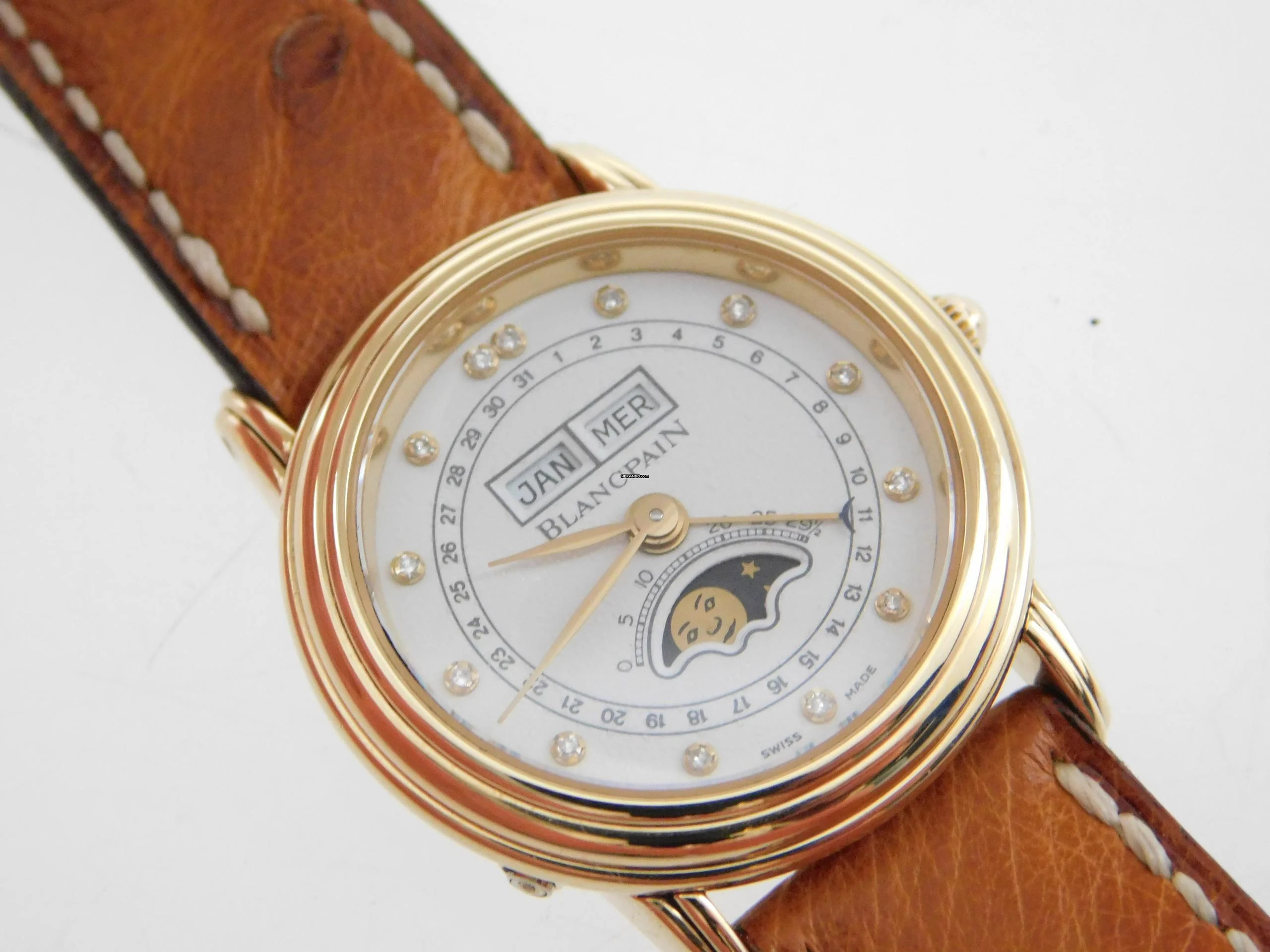 Blancpain Villeret 18 Kt Gelbgold Villeret Damenuhr Vollkalender Mondphase wie Neu 26mm mit original Band und 18 Kt Schließe Diamantzifferblatt 