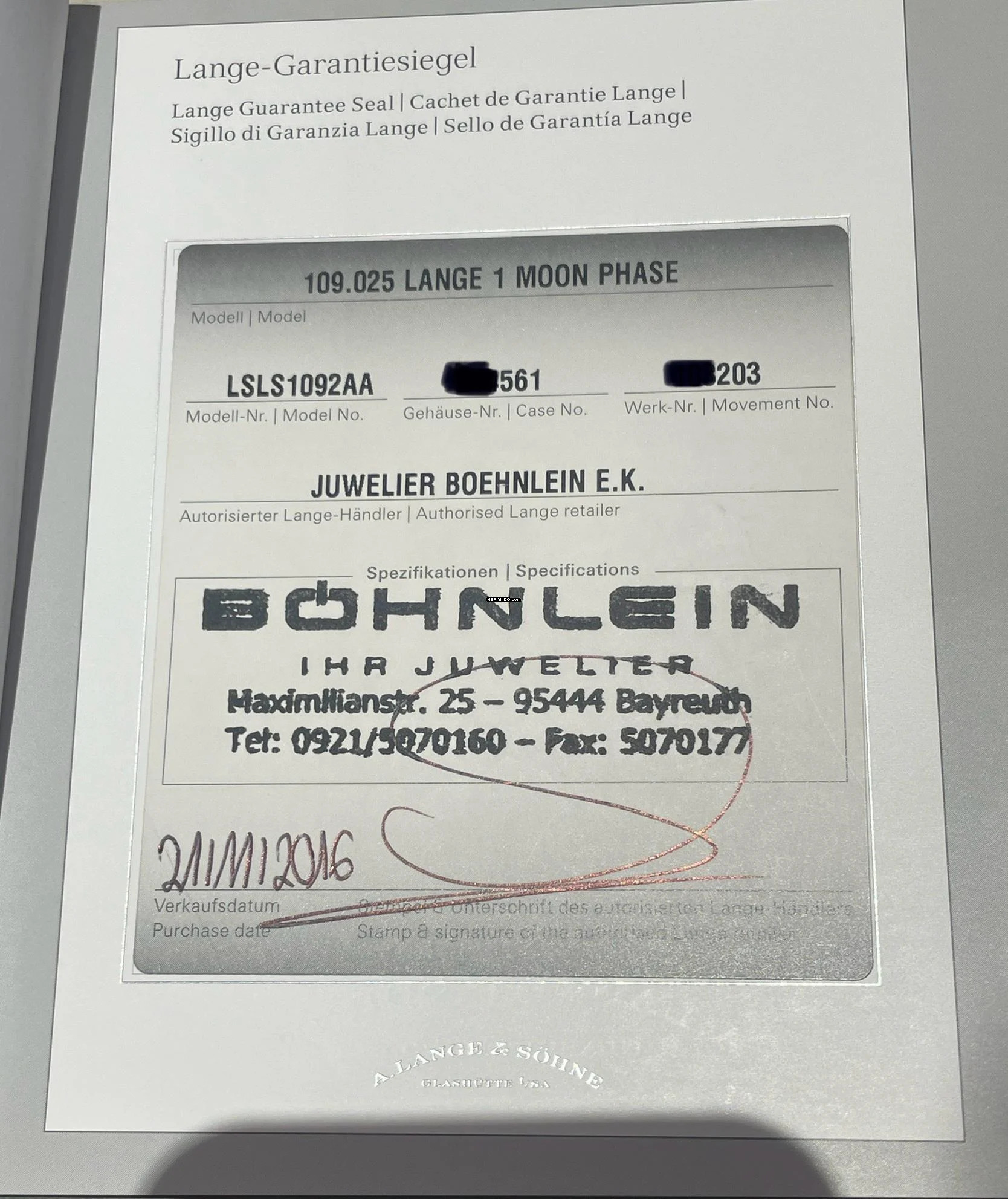 Thumbnail von A. Lange & Söhne Lange 1 Platinum Top Condition Moonphase with Box and Papers