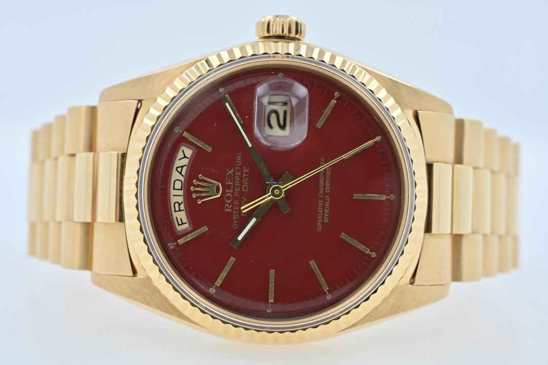  Rolex Day-Date 36 Oyster Perpetual Day Date 18k Gold Stella Oxblood Red Dial Full Set LC USA 