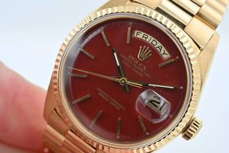 Thumbnail von Rolex Day-Date 36 Oyster Perpetual Day Date 18k Gold Stella Oxblood Red Dial Full Set LC USA