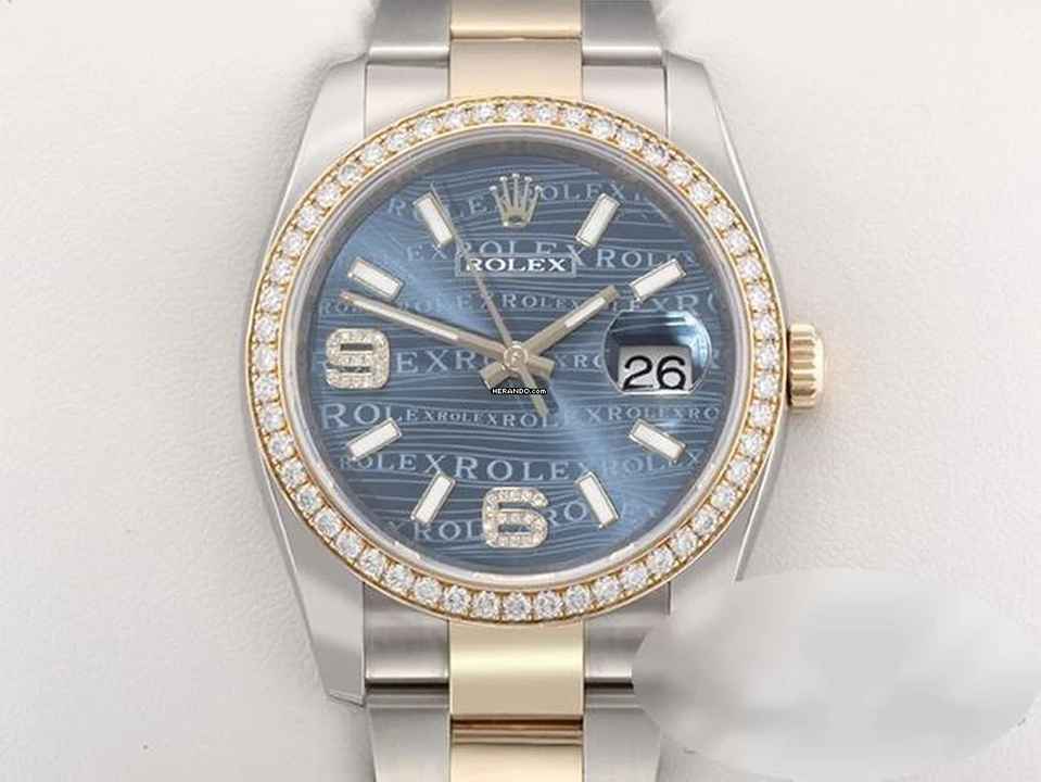  Rolex Datejust 36 36mm 116243 2010 Stahl Gelbgold 750 Wave Diamanten Automatik Stainless Steel 18kt Yellow Gold Oyster-band Chronometer Blue Dial 