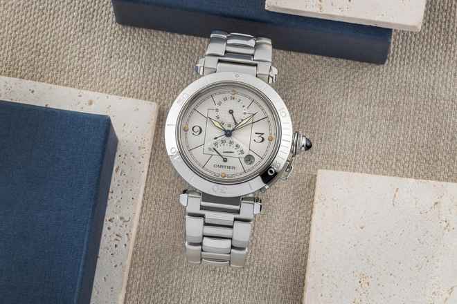  Cartier Pasha GMT Power Reserve Automatik Stahl Herrenuhr Ref. W31037H3 2388 