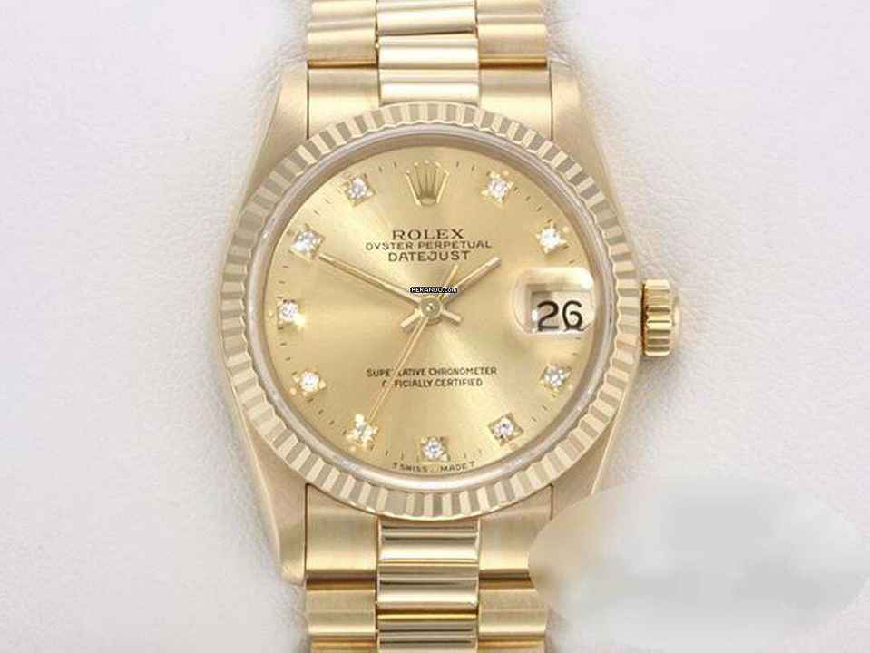  Rolex Datejust 31 31mm Medium Gelbgold 750 Diamanten Automatik 18kt Yellow Gold Damen President-band Chronometer Oyster 