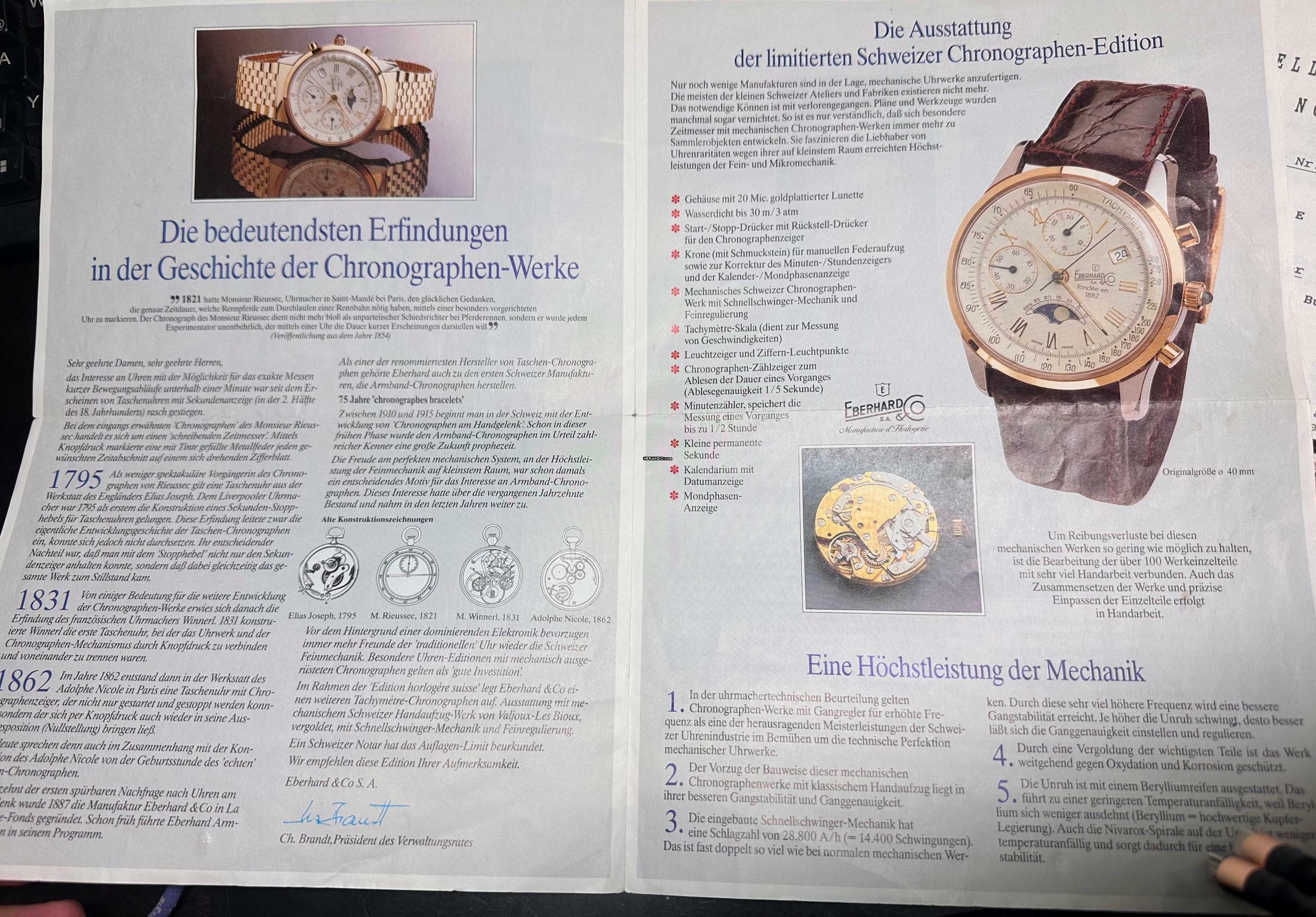 Thumbnail von Eberhard & Co. Chronograph Serviced (480e) Moonphase Mondphase Original Papers Valjoux 7768 75th 989 75 Anniversary Limited Edition