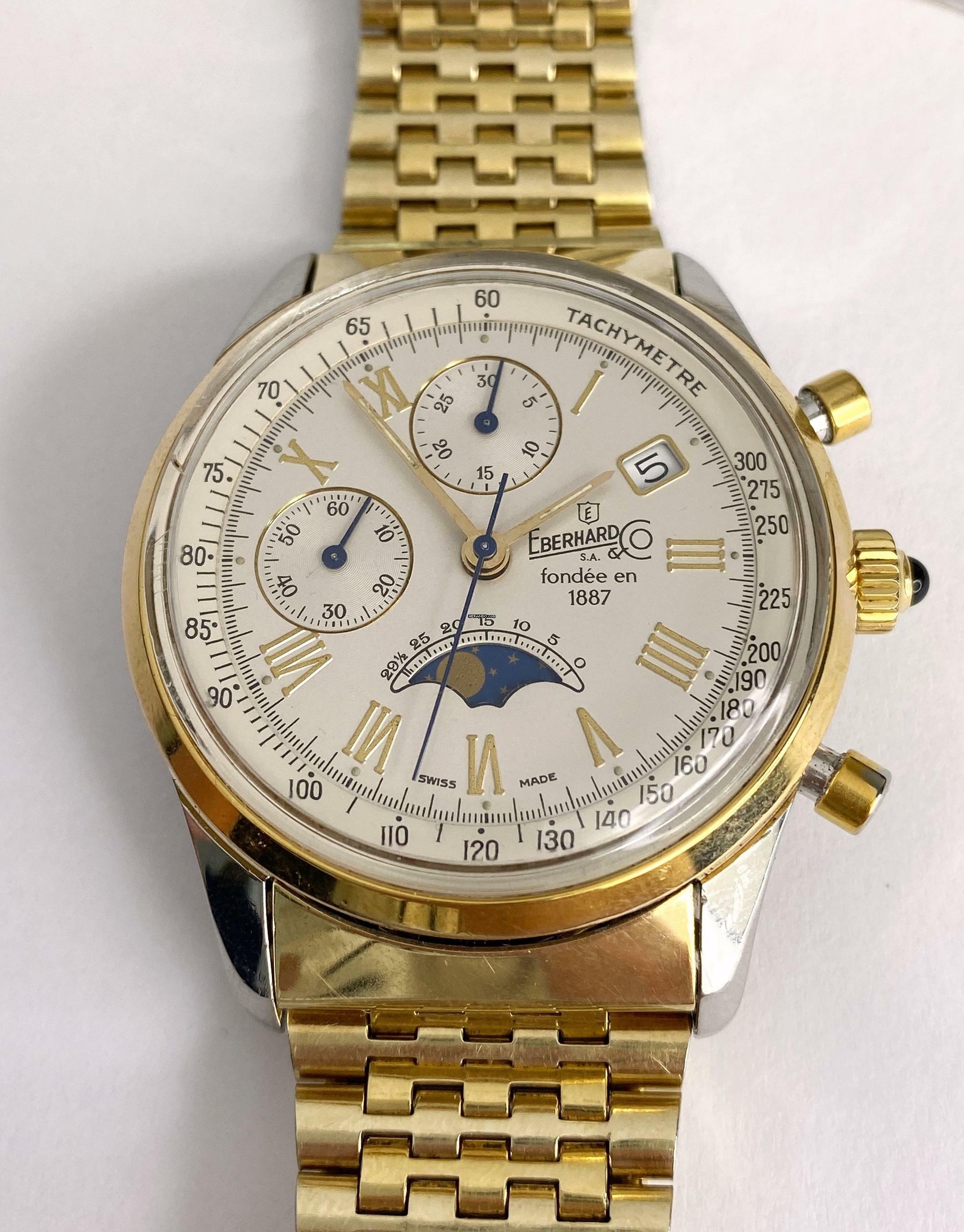 Thumbnail von Eberhard & Co. Chronograph Serviced (480e) Moonphase Mondphase Original Papers Valjoux 7768 75th 989 75 Anniversary Limited Edition