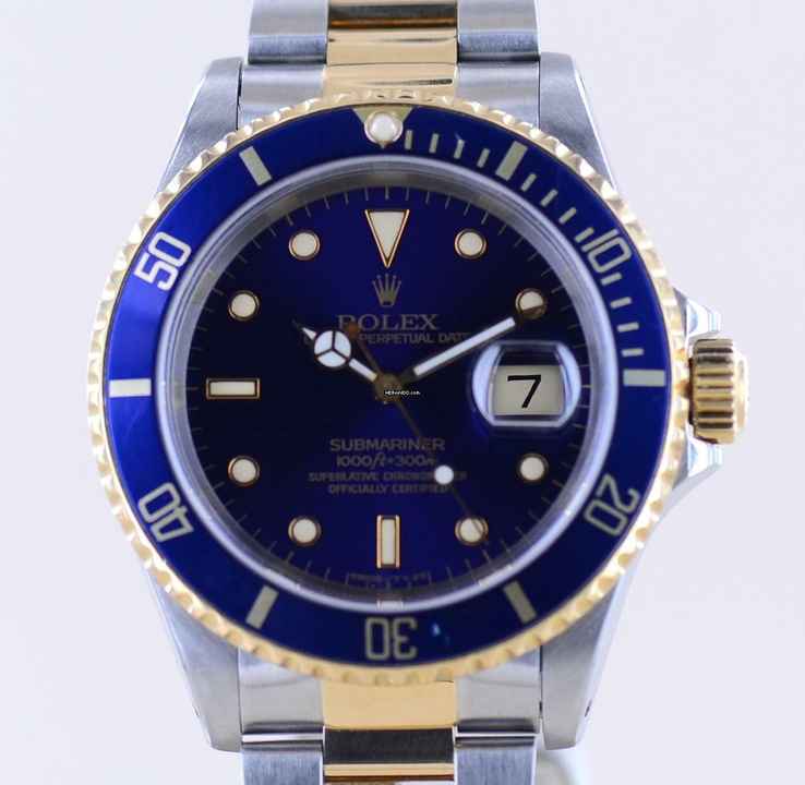  Rolex Submariner Date 16613 Klassiker 1992 Tritium Stahl Gold blue Dial B+P 