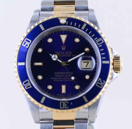  Rolex Submariner Date 16613 Klassiker 1992 Tritium Stahl Gold blue Dial B+P 