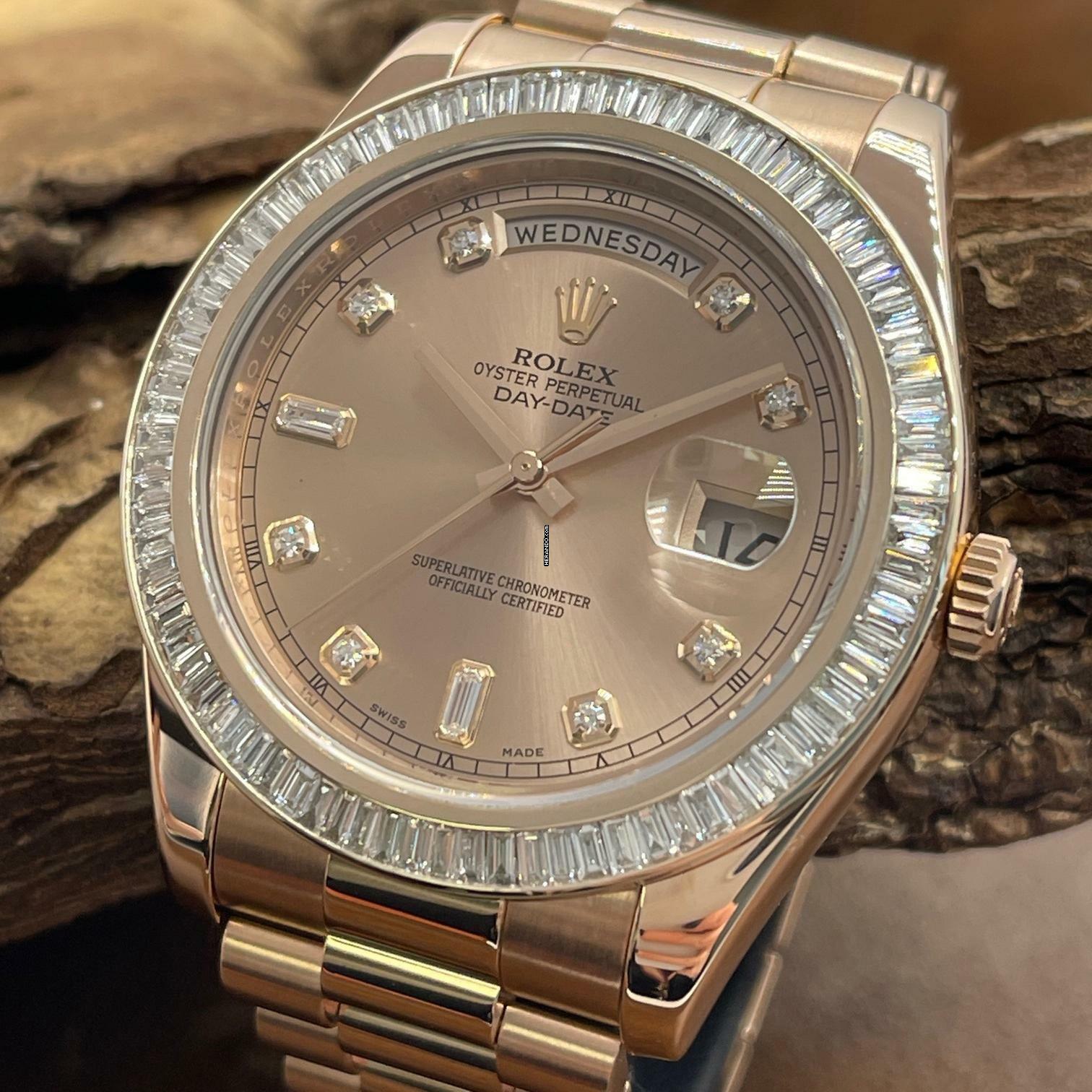  Rolex Day-Date II Oyster Perpetual Day-Date II Dia - 18kt Roségold - Ref. 218238 Baguette Bezel Aftermarket 