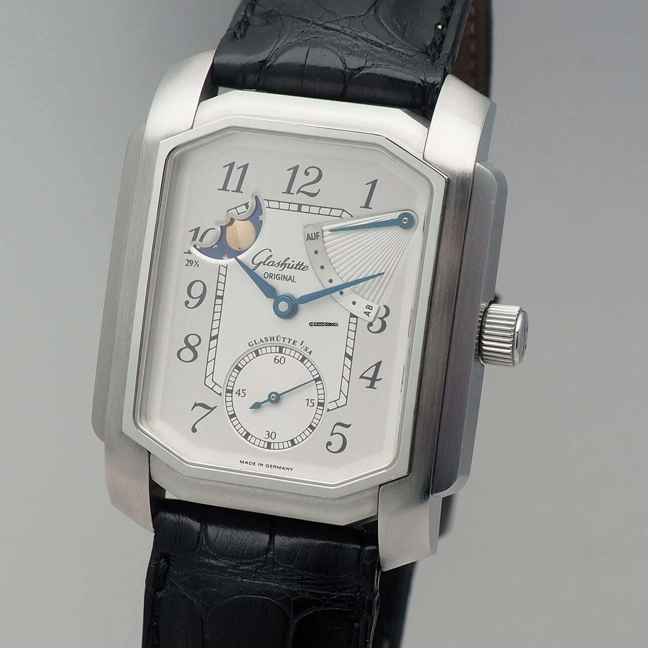 Glashütte Original Senator Karrée 1845 Moonphase Auf/Ab - Reserche-De March Stahl/Leder B&P TOP