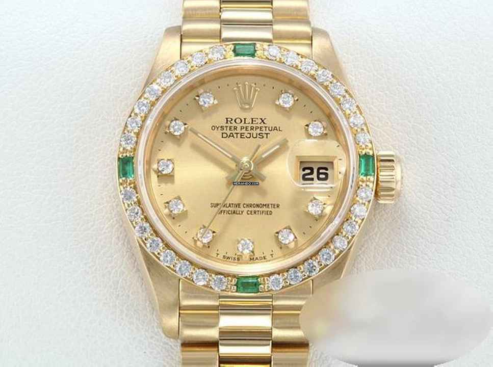  Rolex Lady-Datejust Gelbgold 750 Diamanten Smaragde 69078 Automatik 18kt Yellow Gold Damen President-band Chronometer Oyster 