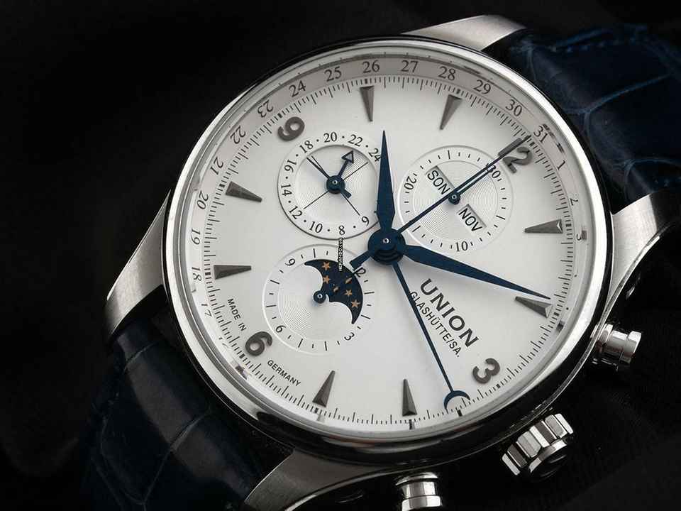  Union Glashütte Belisar Chronograph Ref.D009425A 2021 Full Set wie Neu Vintage Belisar Chronograph Vollkalender Mondphase Krokoleder Faltschließe 
