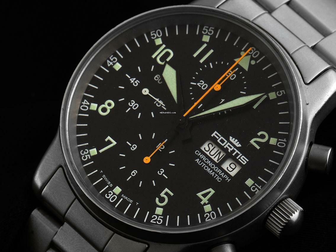 Thumbnail von Fortis Flieger (Submodel) Day-Date Ref.597.10.141 1995 Box&Beschreibung sehr gut Vintage Flieger Day-Date Chronograph Glasboden