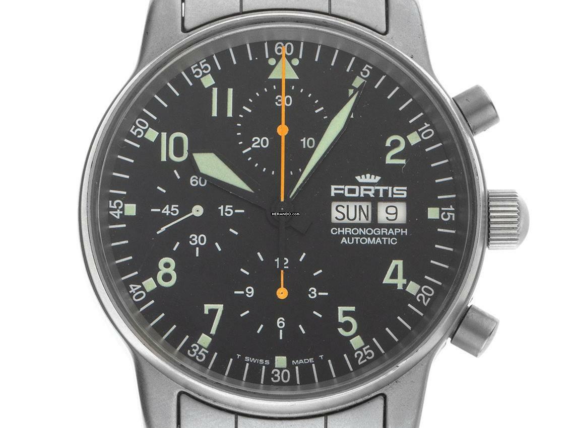  Fortis Flieger (Submodel) Day-Date Ref.597.10.141 1995 Box&Beschreibung sehr gut Vintage Flieger Day-Date Chronograph Glasboden 