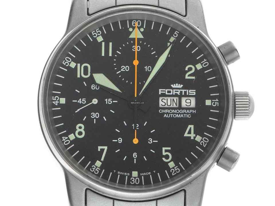  Fortis Flieger (Submodel) Day-Date Ref.597.10.141 1995 Box&Beschreibung sehr gut Vintage Flieger Day-Date Chronograph Glasboden 
