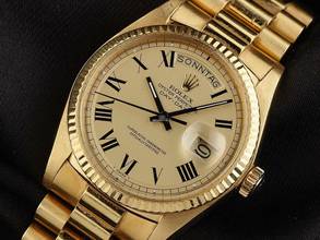 Thumbnail von Rolex Day-Date 36 Ref.1803 1975 Box&Beschreibung sehr gut Vintage Day-Date Buckley Dial 18kt Gelbgold 130g open 6/9