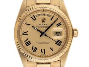 Thumbnail von Rolex Day-Date 36 Ref.1803 1975 Box&Beschreibung sehr gut Vintage Day-Date Buckley Dial 18kt Gelbgold 130g open 6/9