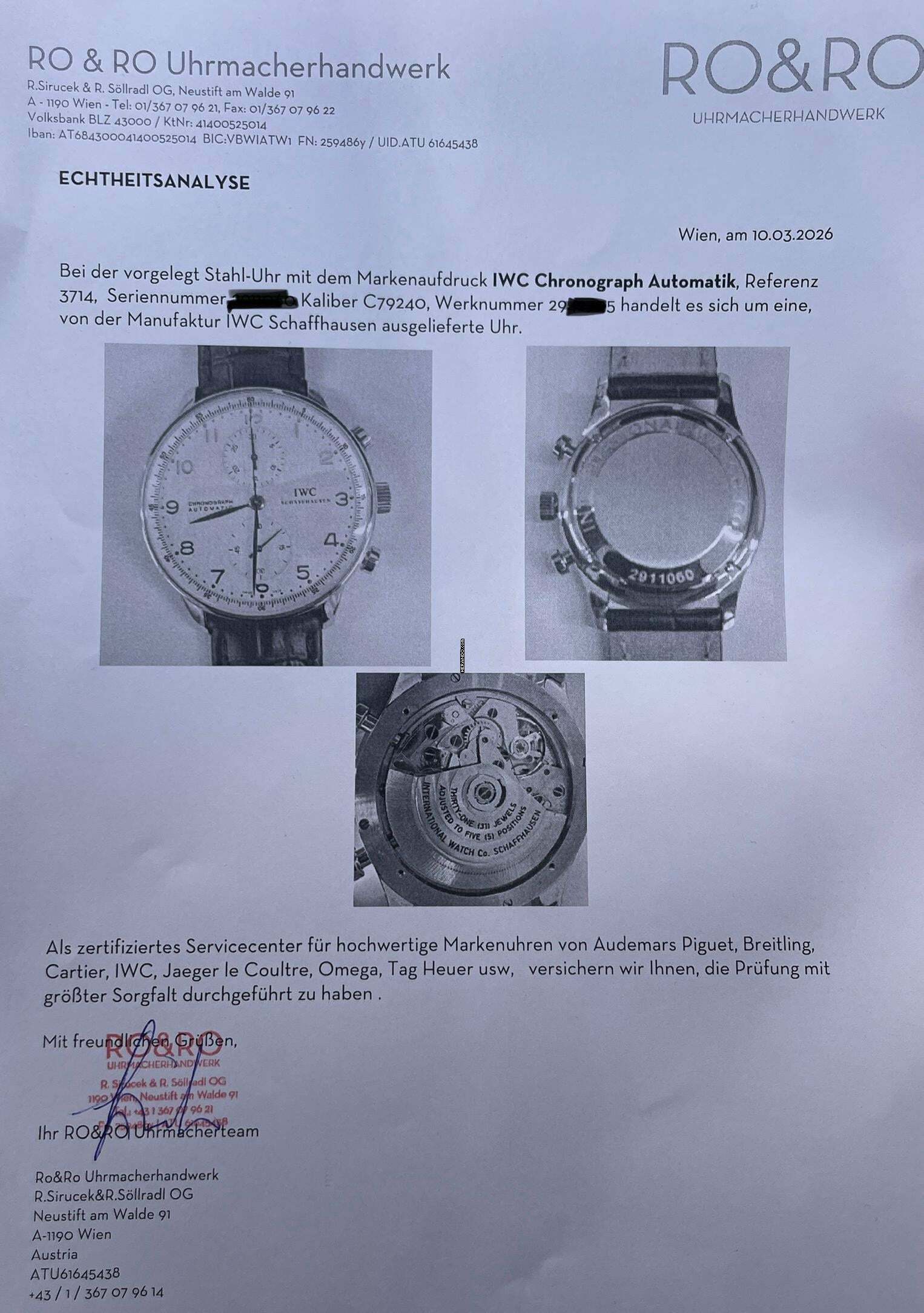 IWC Portugieser Chronograph Portuguese Chronograph FULL SERVICED 2026 Watch only Top Condition + NEW Blue Strap