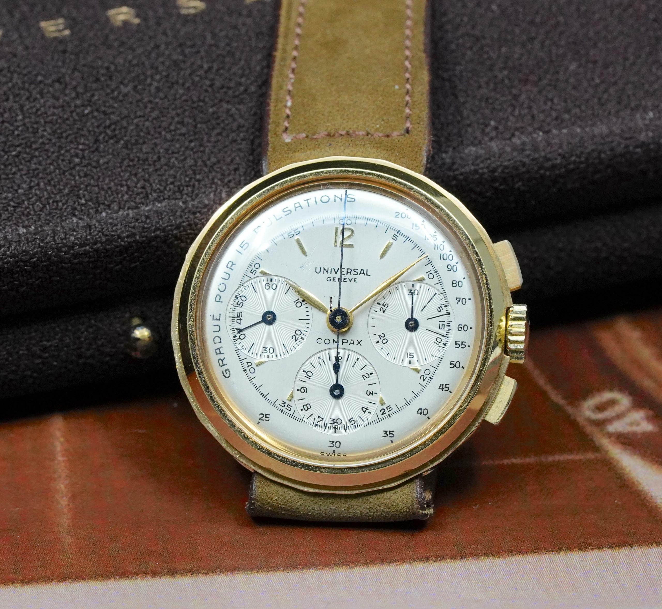 Thumbnail von Universal Genève Compax SUPER RARE COMPAX CHRONO 18K DISCO VOLANTE WITH PULSATIONS DIAL VINTAGE