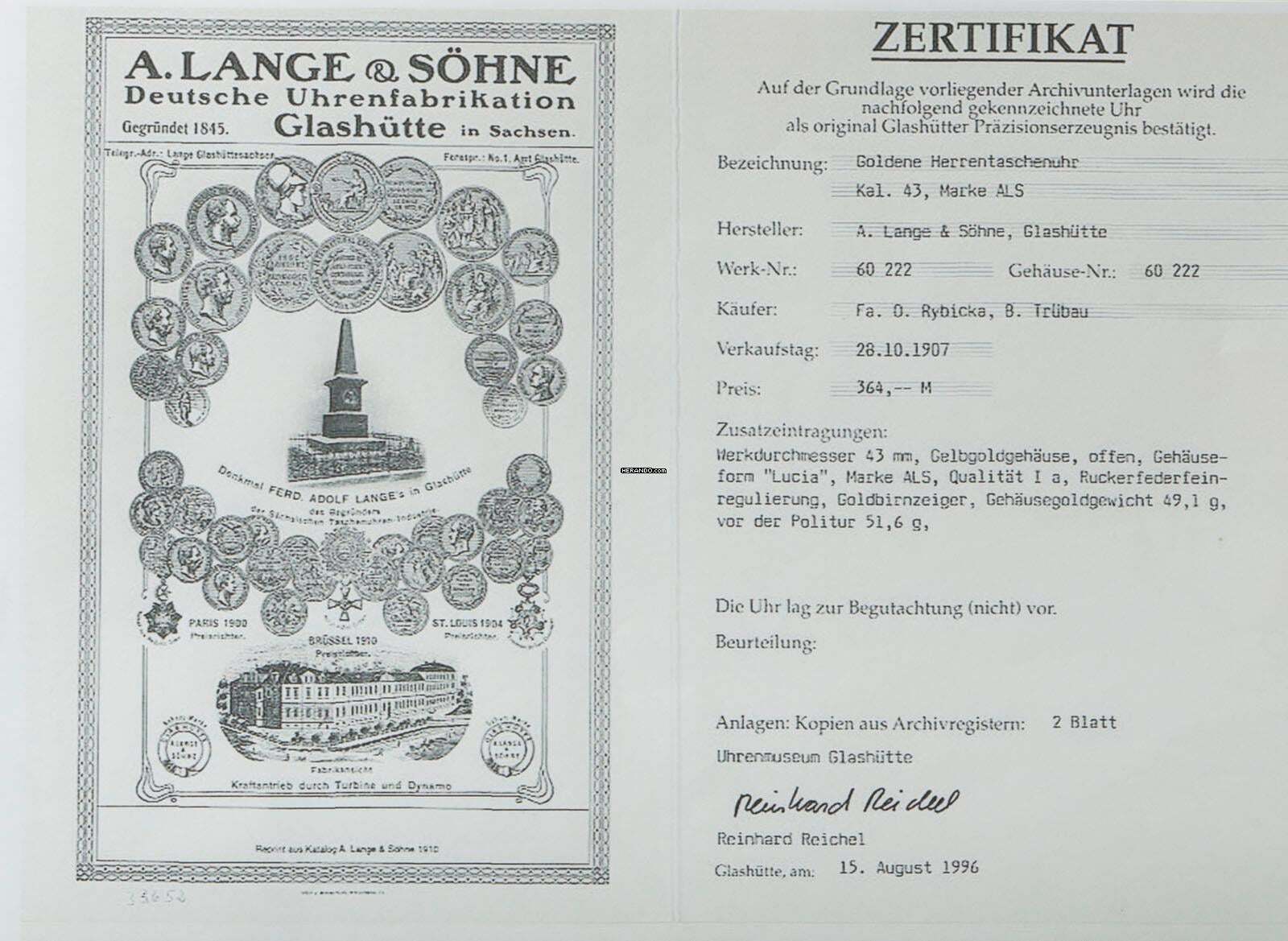 Thumbnail von A. Lange & Söhne Qualität 1A 18k Gold Taschenuhr-Original Etui und Zertifikat 1907 BOX and Pappers