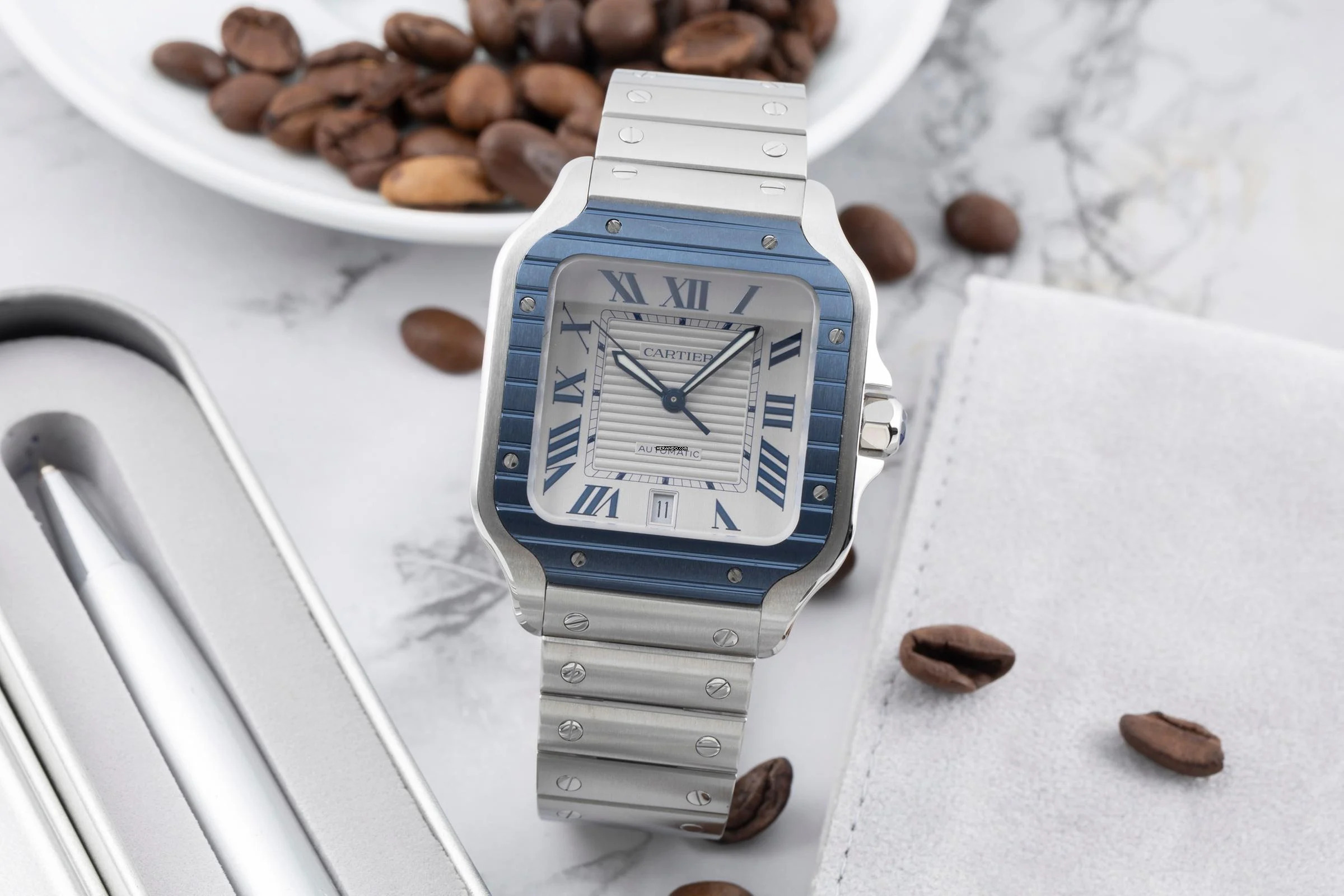 Thumbnail von Cartier Santos De Cartier Blue Stahl Automatik Herrenuhr Ref. WSSA0047 B&P 2023