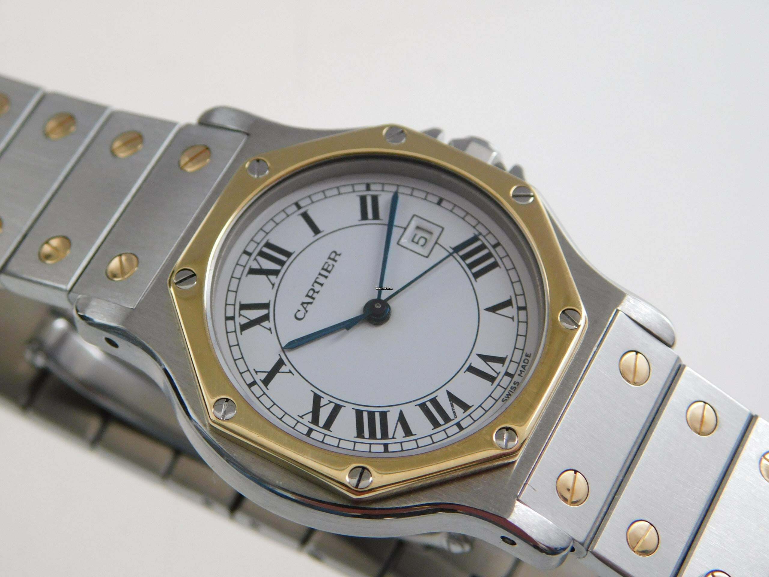 Cartier Santos Octagon weißes Blatt Automatik XL 30mm Stahl Gold im Top Zustand langes strammes Band perfektes Swiss Made Dial 30 mm