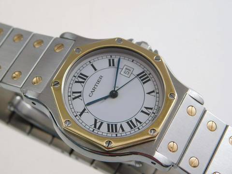  Cartier Santos Octagon weißes Blatt Automatik XL 30mm Stahl Gold im Top Zustand langes strammes Band perfektes Swiss Made Dial 30 mm 