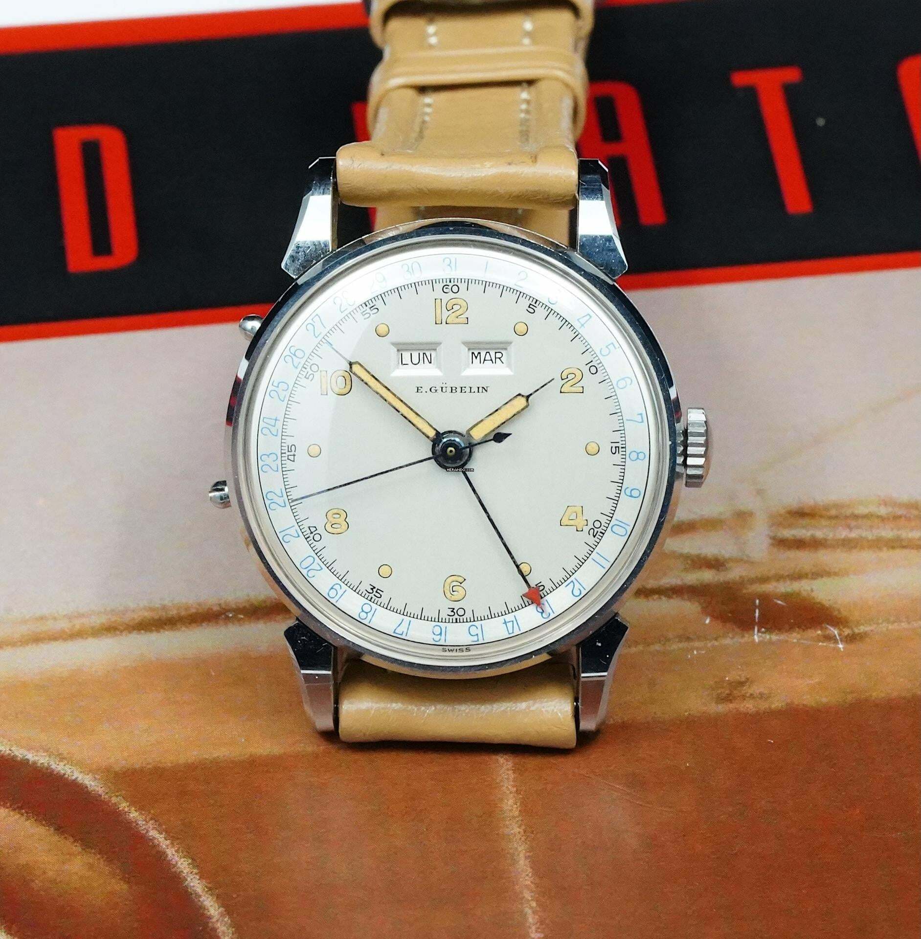 Thumbnail von Gubelin STUNNING NOS NEW TRIPLE DATE CALENDAR FROM THE 50'S RARE VINTAGE