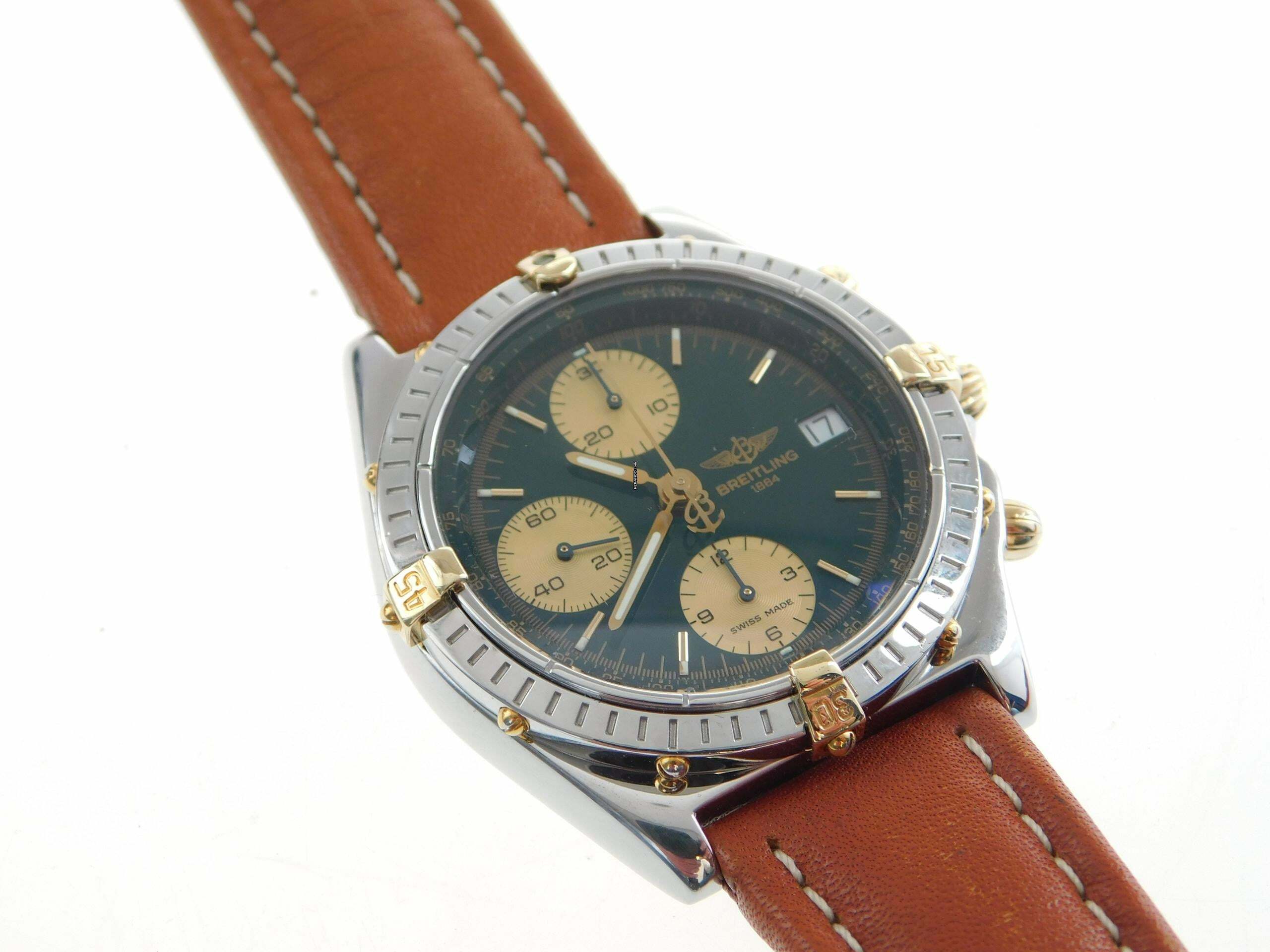 Breitling Chronomat Stahl Gold mit grünem Blatt und Lederband . Der Klassiker im Top Zustand