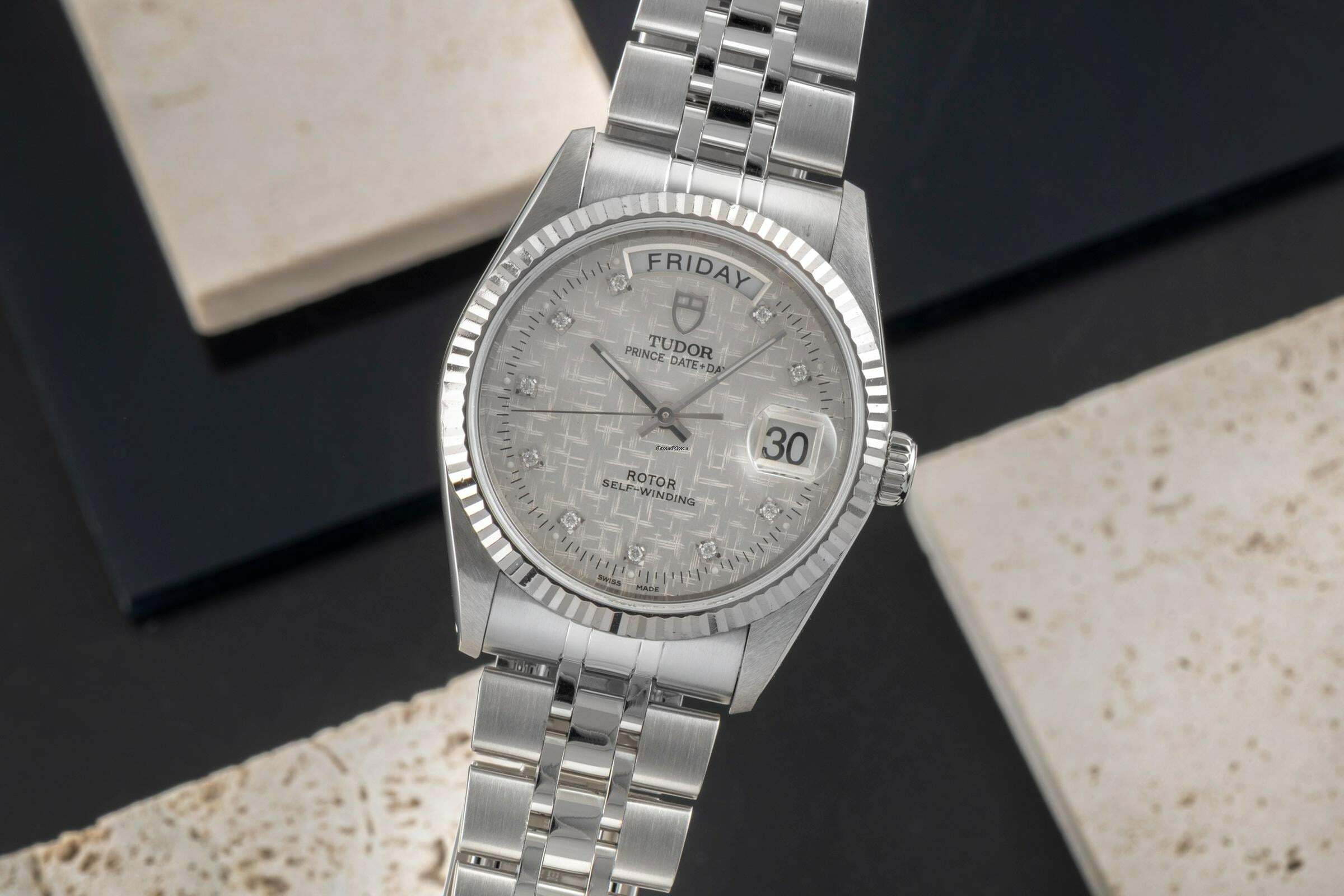  Tudor Prince Date Day Automatik Edelstahl / Weissgold Diamonds Ref 76214 Papiere 