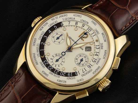  Girard Perregaux WW.TC World Time Ref.49800-51-151-BACD 2009 Full Set sehr gut Vintage WW.TC World Time Chronograph 18kt Gelbgold 173g Leder Faltschließe 