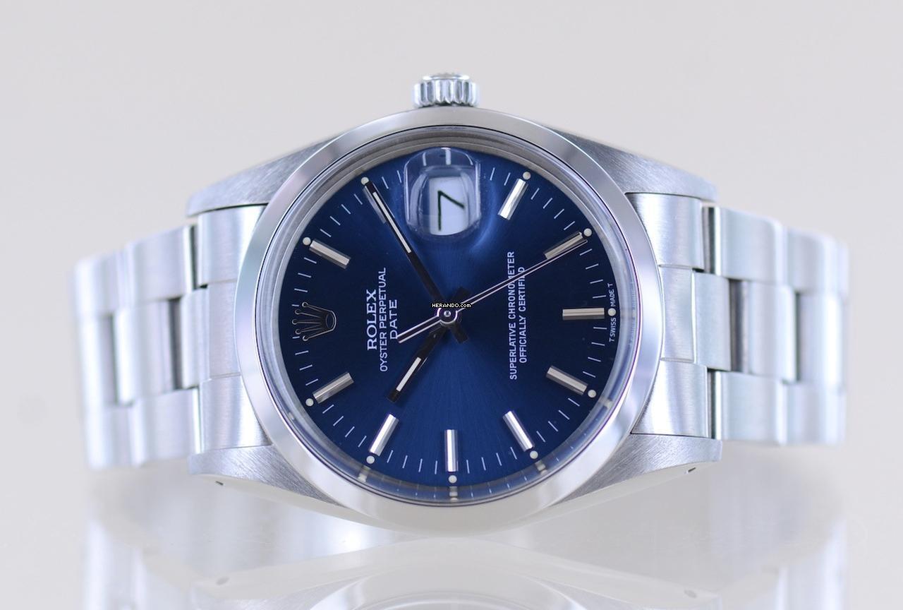 Thumbnail von Rolex Oyster Perpetual Date 15000 Automatic Blue Stick dial Oysterband Stahl 1985 Vintage rar