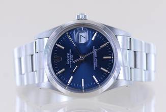 Thumbnail von Rolex Oyster Perpetual Date 15000 Automatic Blue Stick dial Oysterband Stahl 1985 Vintage rar
