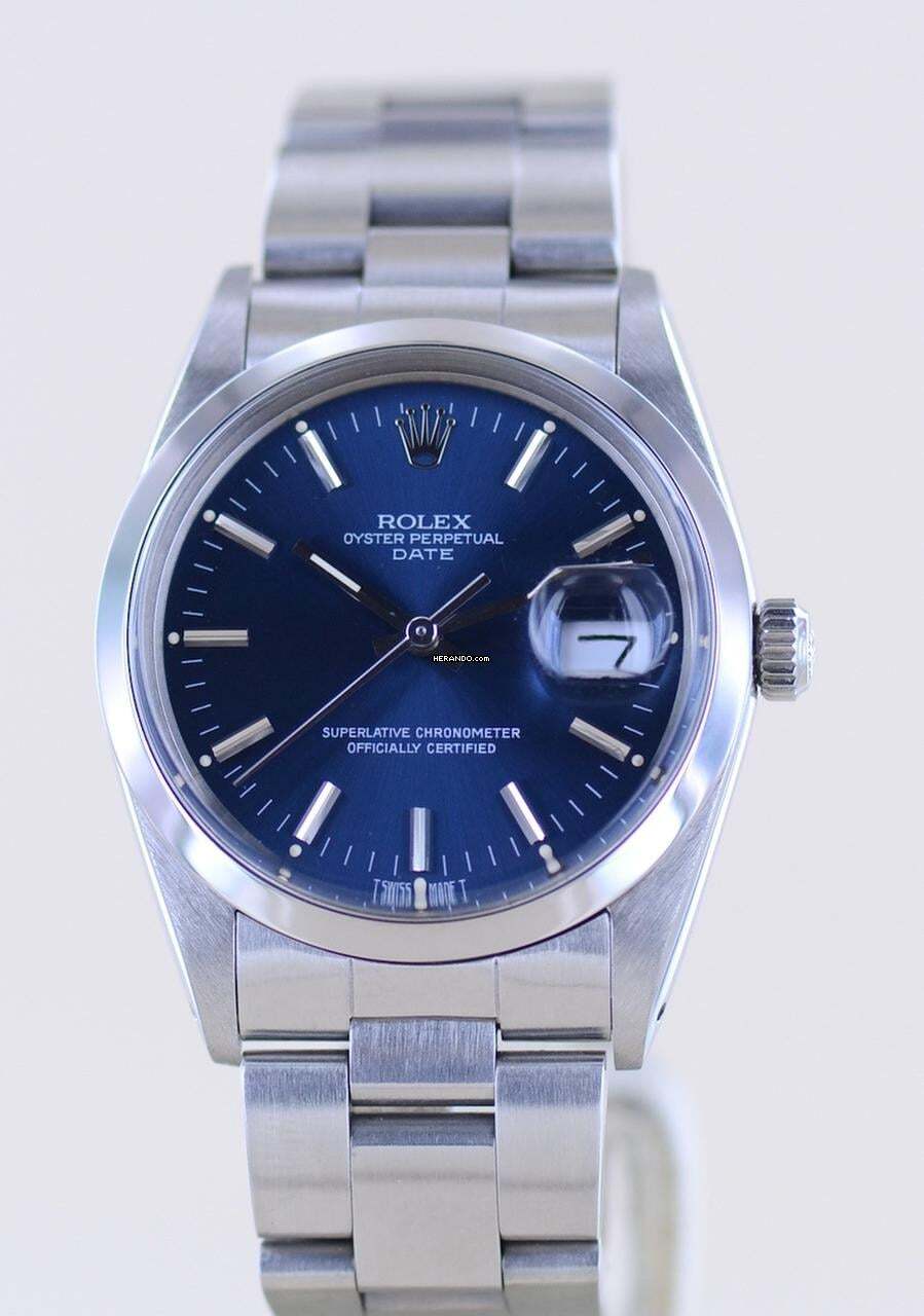 Thumbnail von Rolex Oyster Perpetual Date 15000 Automatic Blue Stick dial Oysterband Stahl 1985 Vintage rar