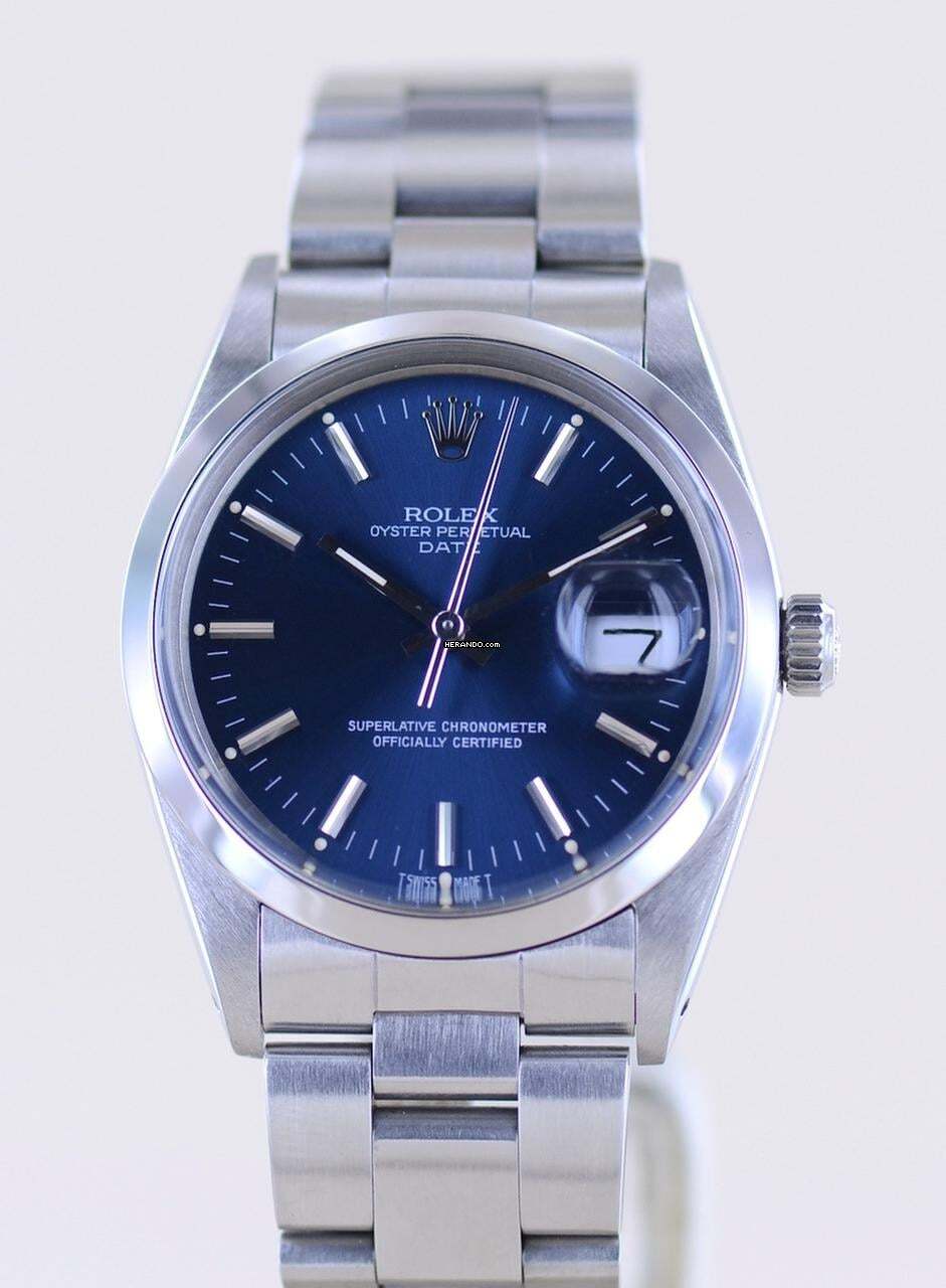 Thumbnail von Rolex Oyster Perpetual Date 15000 Automatic Blue Stick dial Oysterband Stahl 1985 Vintage rar