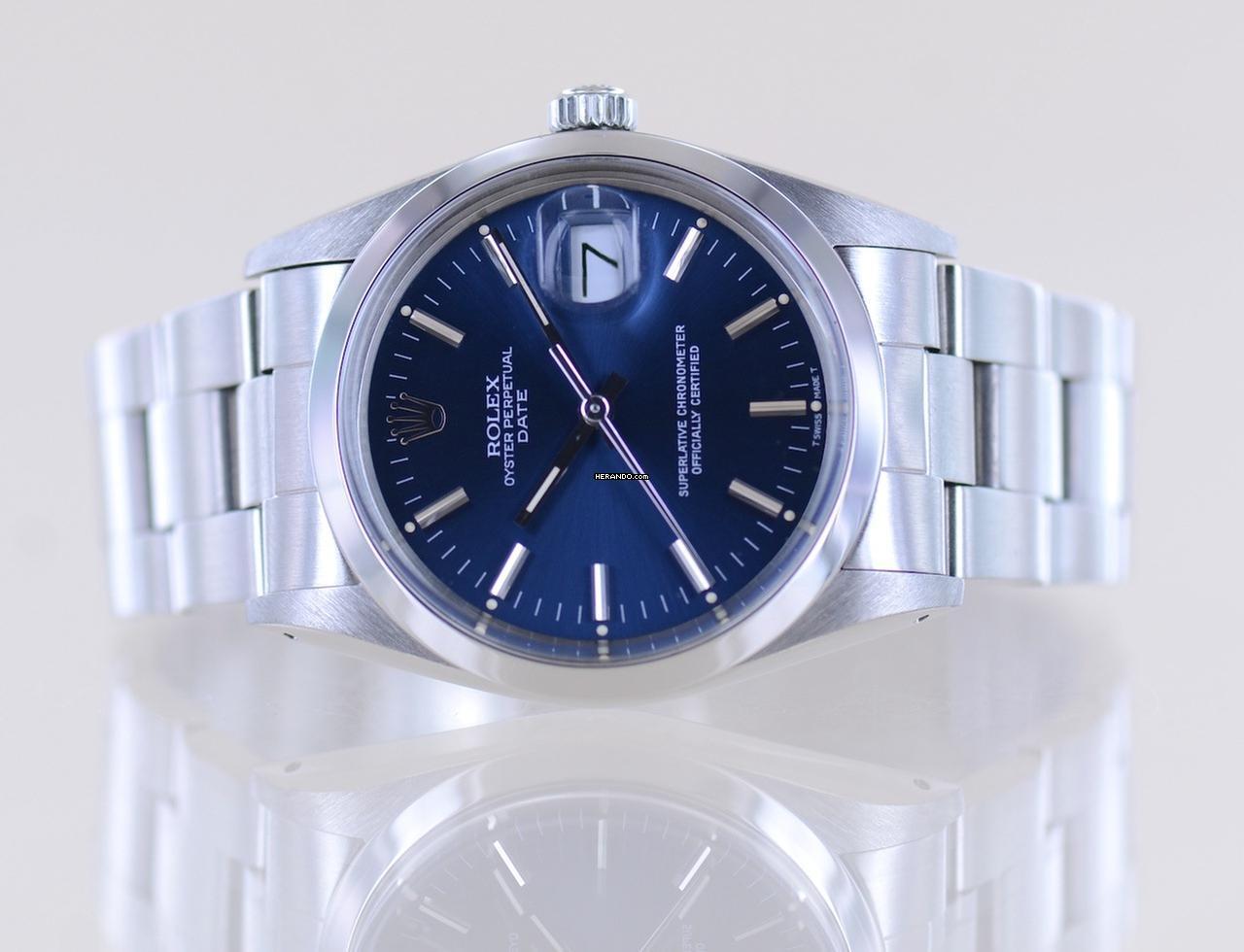 Thumbnail von Rolex Oyster Perpetual Date 15000 Automatic Blue Stick dial Oysterband Stahl 1985 Vintage rar