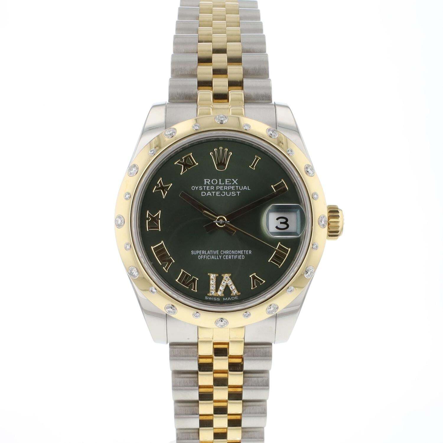 Rolex Datejust 31 Gold/Stahl Diamanten Grünes römisches Zifferblatt
