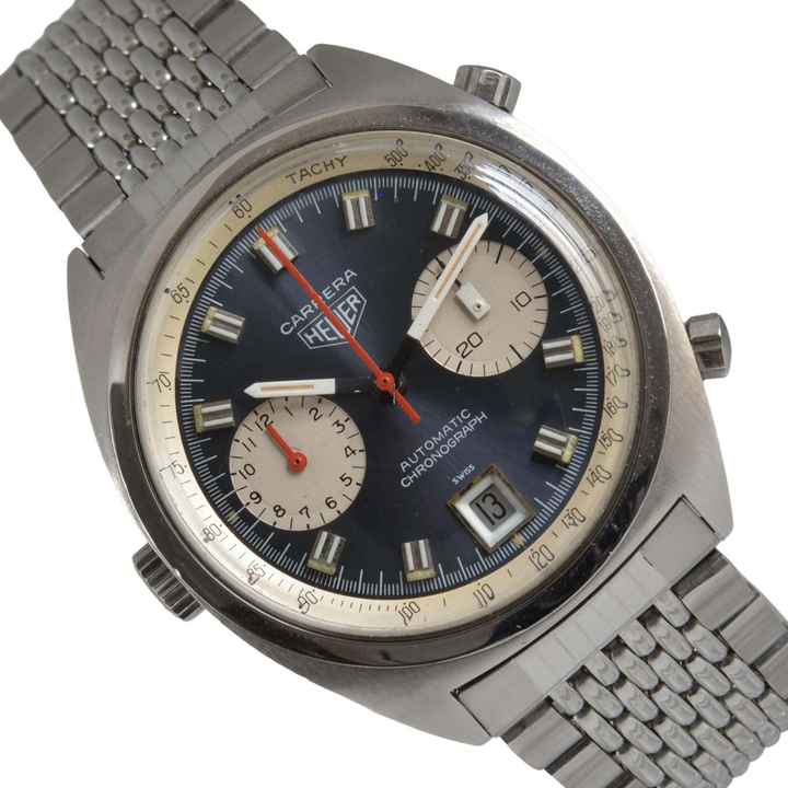Heuer Carrera 1153 chronographe Soleil cadran bleu calibre 12 manuel 1971
