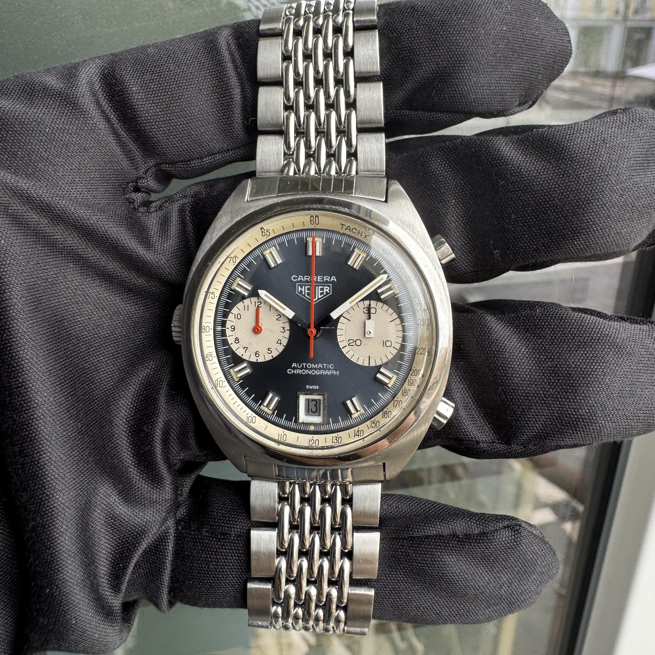 Thumbnail von Heuer Carrera 1153 chronograph Soleil blue dial caliber 12 manual 1971
