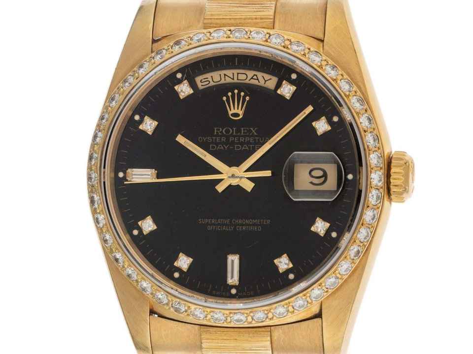  Rolex Day-Date 36 Ref.18248 1991 Box&Beschreibung sehr gut Vintage Day-Date 18kt Gelbgold 134g Diamanten Rindengravur Double Quick 