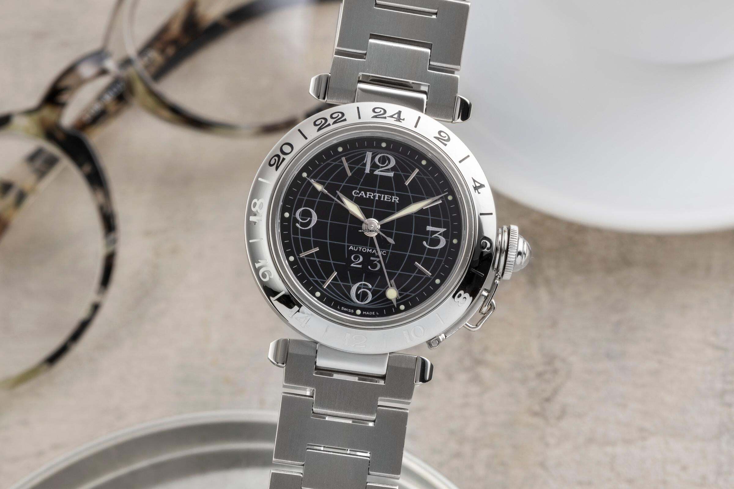  Cartier Pasha C GMT Big Date Automatik Stahl Herrenuhr Ref. W31049M7 