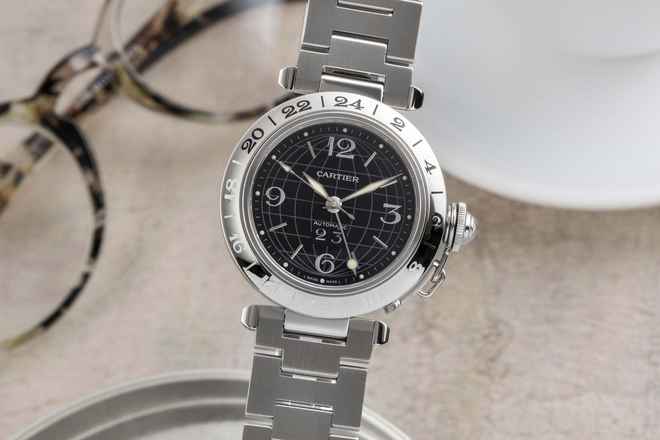  Cartier Pasha C GMT Big Date Automatik Stahl Herrenuhr Ref. W31049M7 